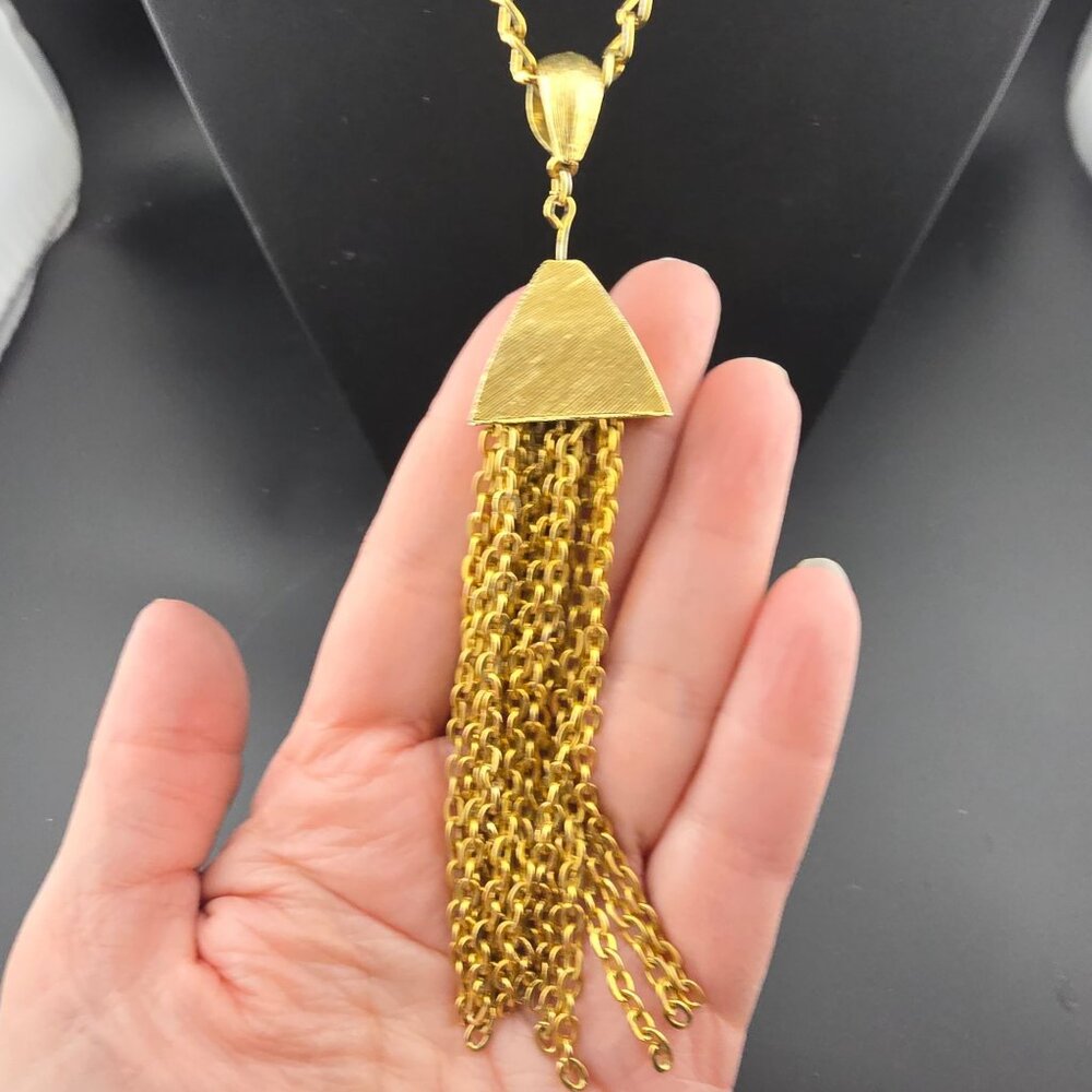 Gold Tone Tassel Necklace With Textured Pendant & Chain Links - Picture 3 of 10